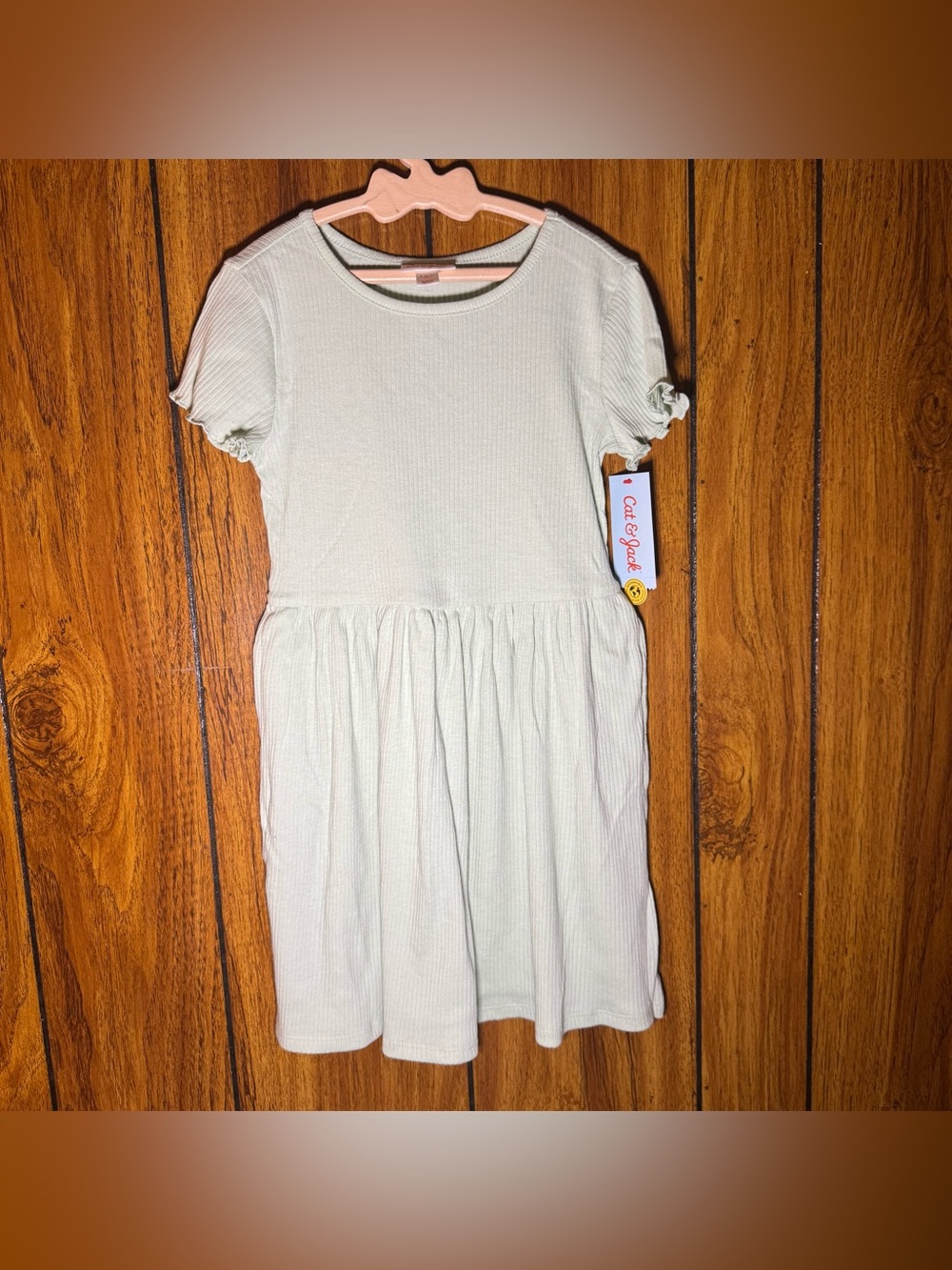 Cat & Jack Girls Green Short Sleeve Dress S 6/7 Eco-Friendly Casual Cotton Play